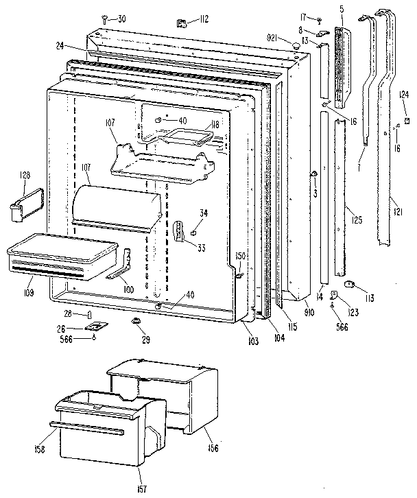 Fresh Food Door Diagram and Parts List for TBX25RLB  General Electric Refrigerator