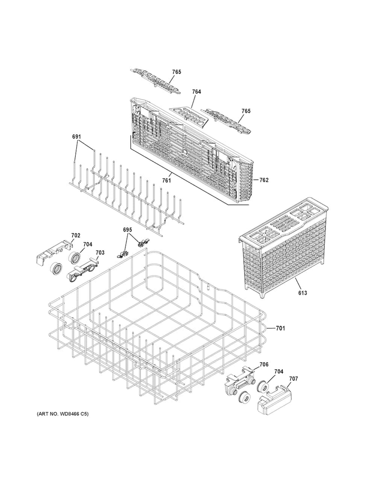 Lower Rack Assembly Diagram and Parts List for GDF610PGJ2BB  General Electric Dishwasher