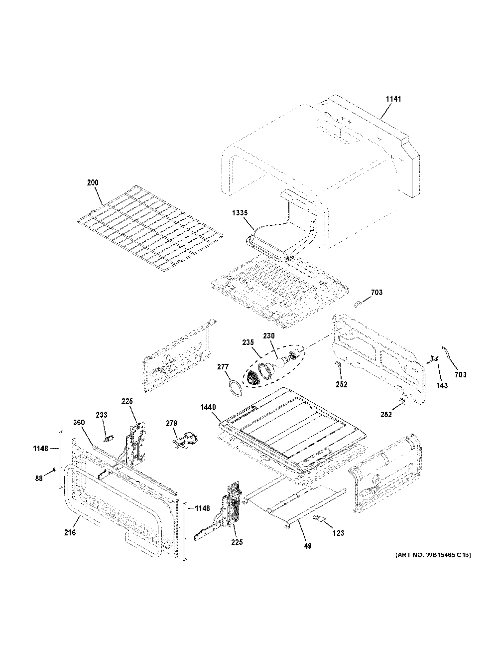 Upper Oven Diagram and Parts List for PGB960SEJ6SS  General Electric Range