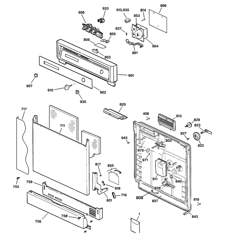 Escutcheon & Door Assembly Diagram and Parts List for GSD2700G20BB  General Electric Dishwasher