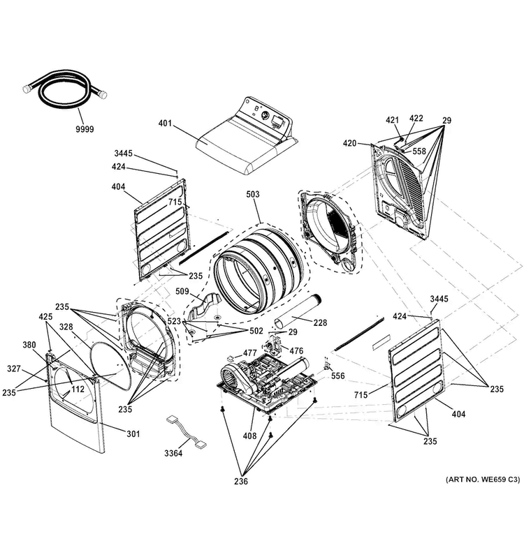 Cabinet Diagram and Parts List for GTDS825GD1MC  General Electric Dryer