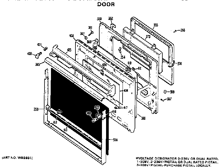 Door Diagram and Parts List for JKP16G*D2  General Electric Wall Oven