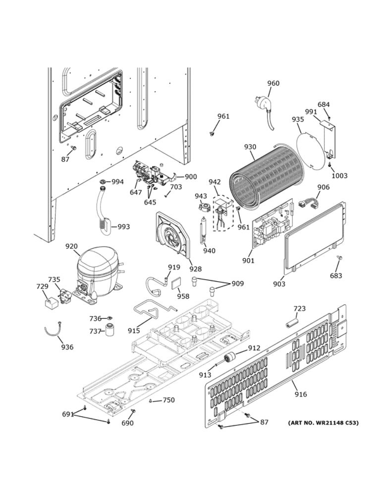Machine Compartment Diagram and Parts List for ZWE23PSNHSS  General Electric Refrigerator