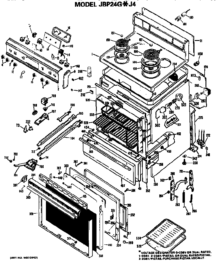 Replacement Parts Diagram and Parts List for JBP24GJ4  General Electric Range