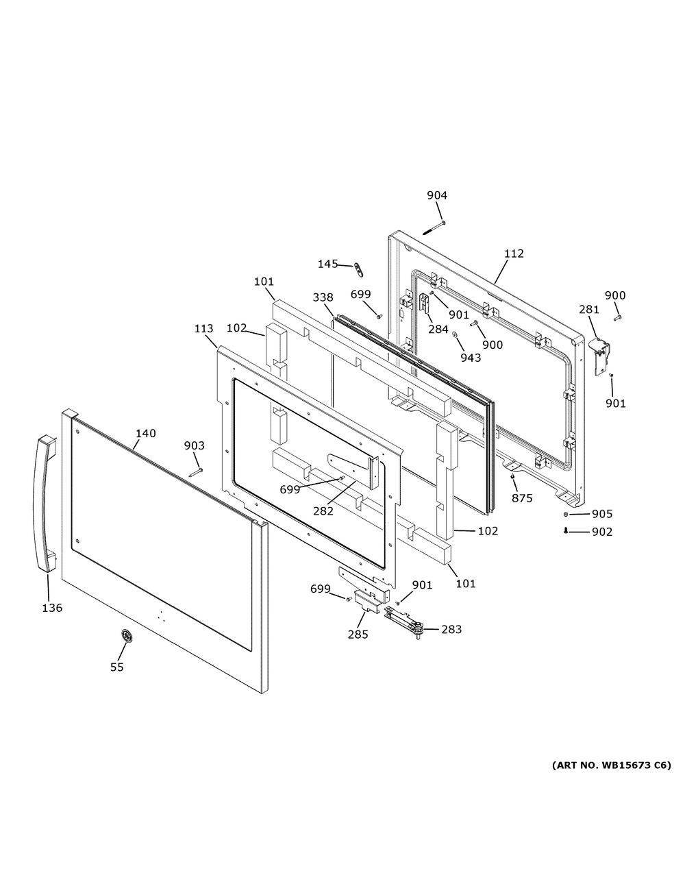Door Diagram and Parts List for PTS700RSN3SS  General Electric Wall Oven