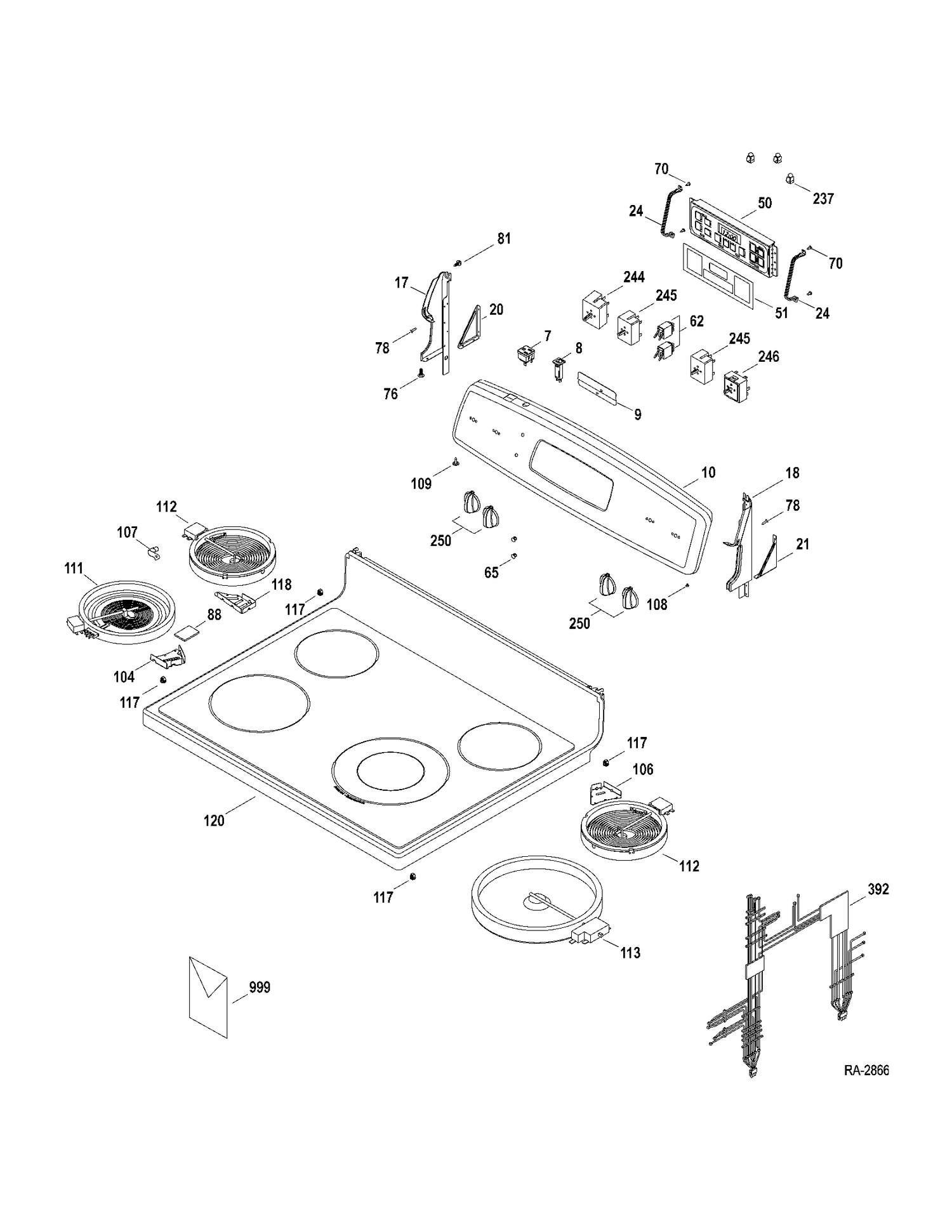 CONTROLS & COOKTOP Diagram and Parts List for JCBP65SP1SS  General Electric Range