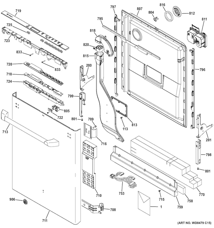 Escutcheon & Door Assembly Diagram and Parts List for CDT765SSF7SS  General Electric Dishwasher