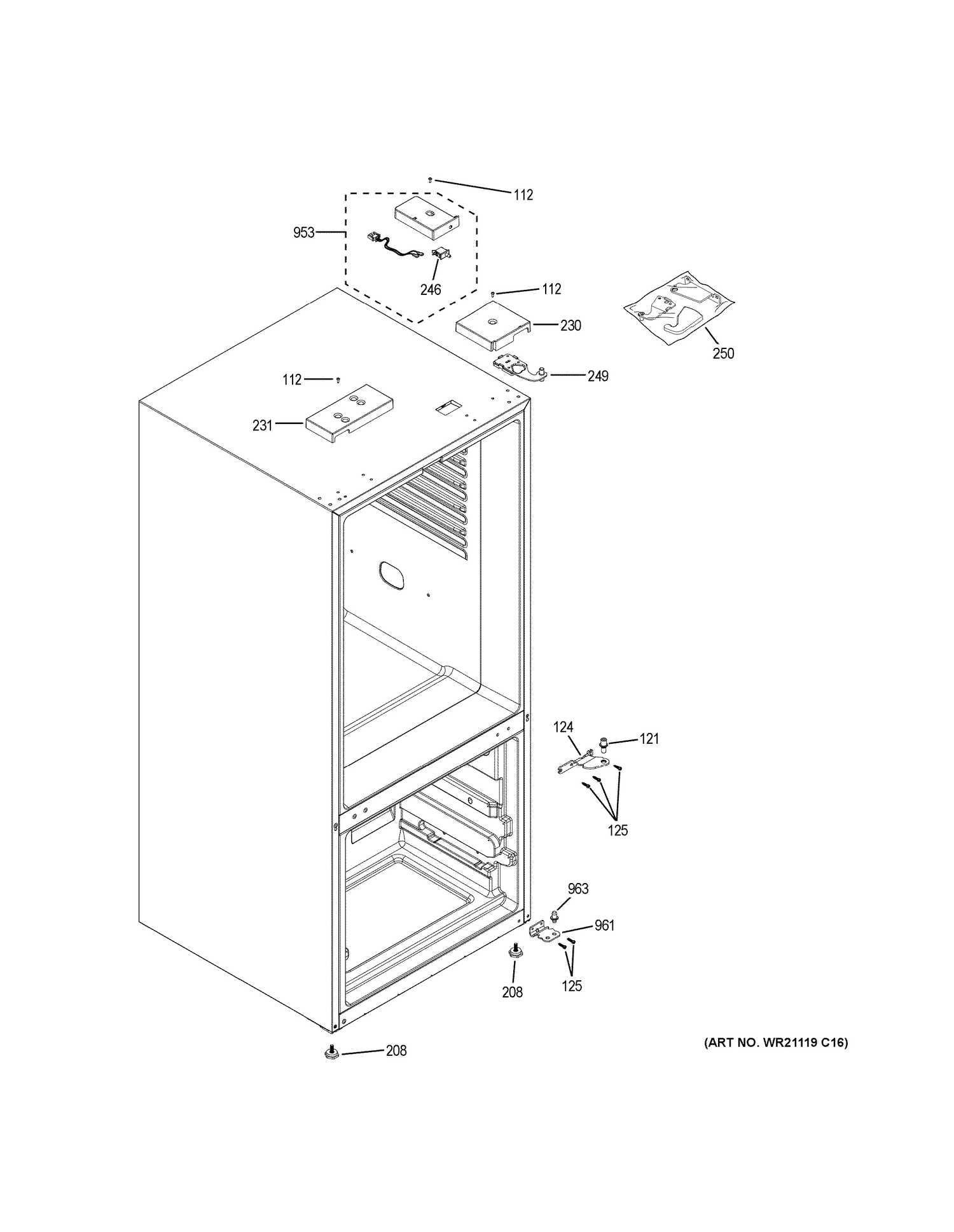 CASE PARTS Diagram and Parts List for GBE21DGKFRWW  General Electric Refrigerator