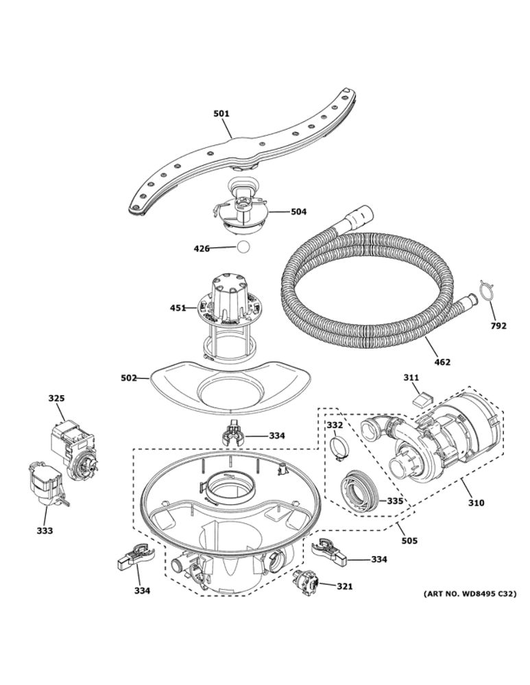 Motor, Sump And Filter Assembly Diagram and Parts List for GDT645SFN4DS  General Electric Dishwasher