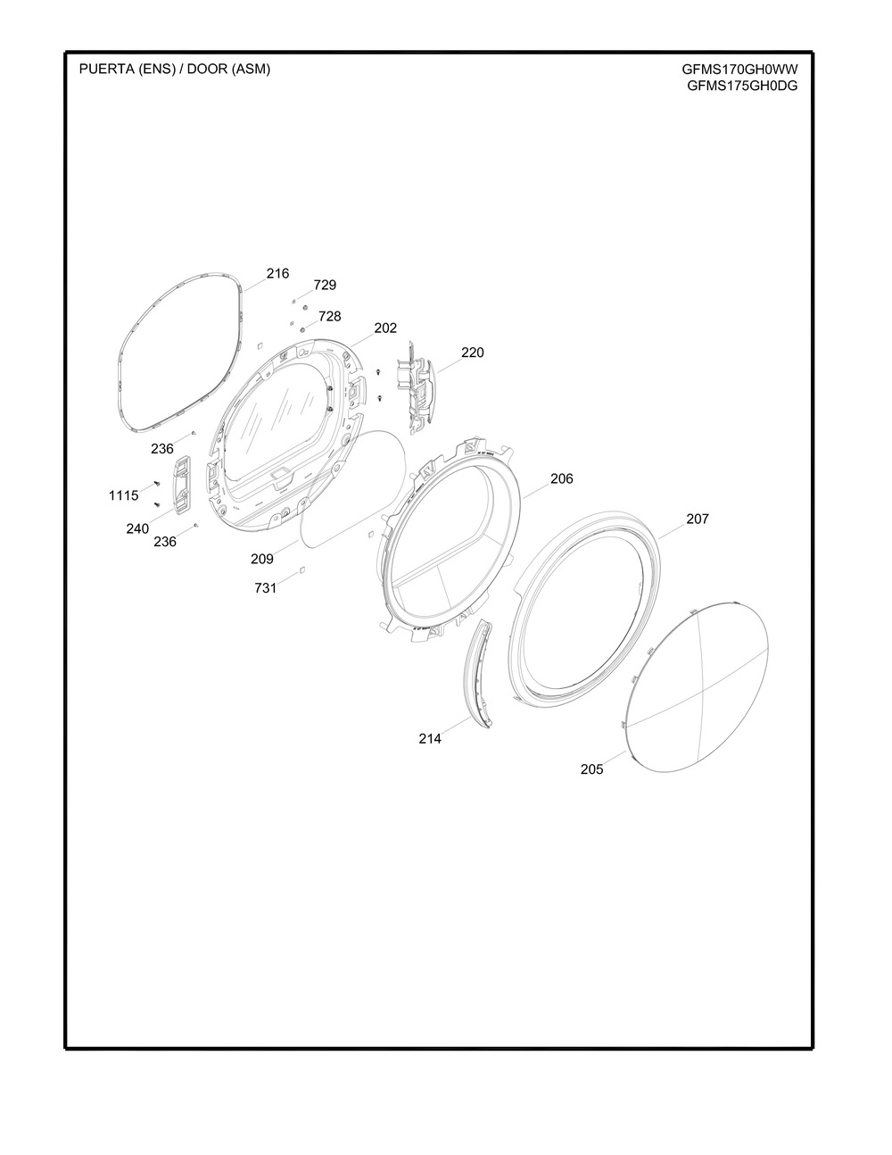 Door Asm Diagram and Parts List for GMR02BANACW  General Electric Dryer