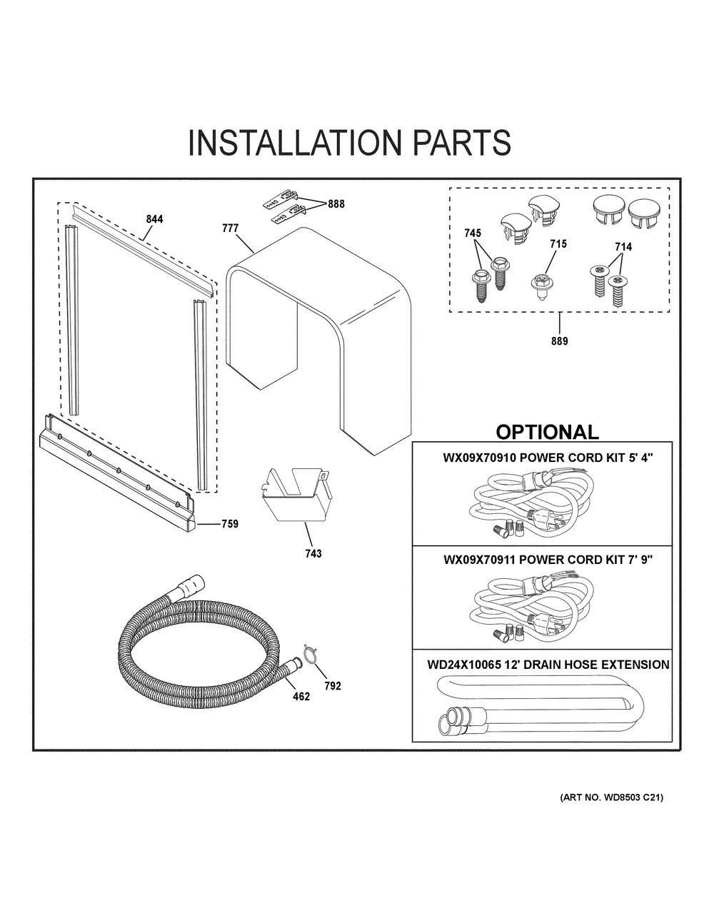 Installation Parts Diagram and Parts List for PDT755SYV3FS  General Electric Dishwasher