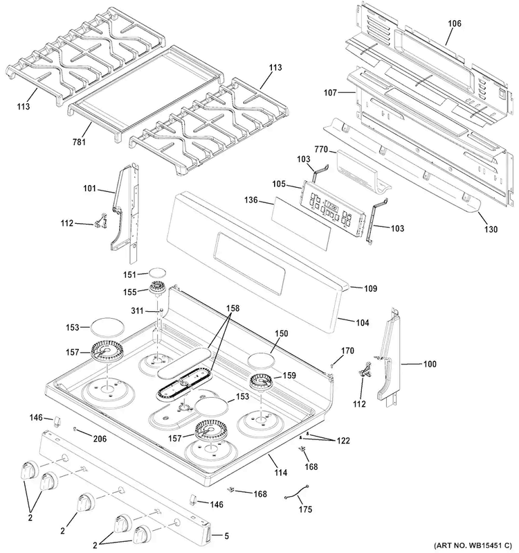 Control Panel & Cooktop Diagram and Parts List for JGB720SEJ1SS  General Electric Range