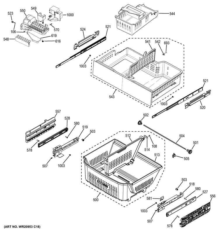 Freezer Shelves Diagram and Parts List for PFE28RSHFSS  General Electric Refrigerator