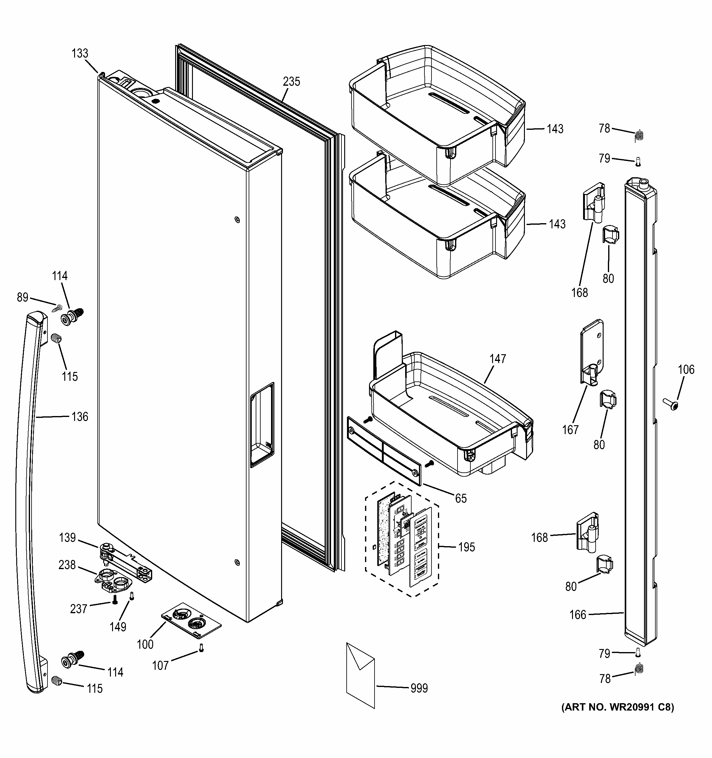 Fresh Food Door - Lh Diagram and Parts List for PWE23KGDDWW  General Electric Refrigerator