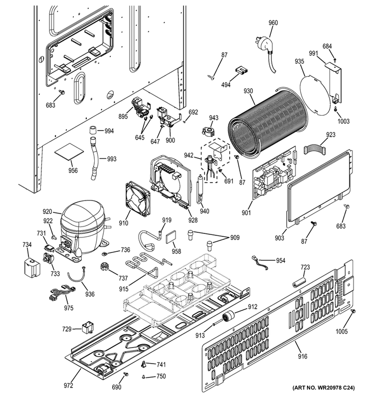 Machine Compartment Diagram and Parts List for GNE26GGDFWW  General Electric Refrigerator