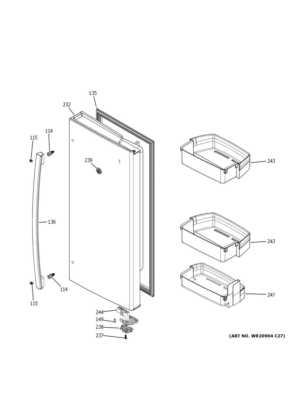 Fresh Food Door - Rh Diagram and Parts List for GFE28GELPDS  General Electric Refrigerator