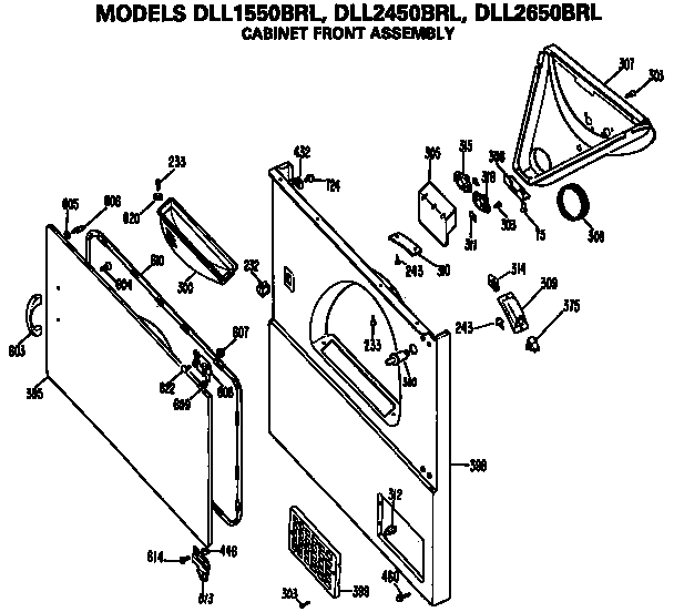 Cabinet Front Diagram and Parts List for DLL1550BRL  Hotpoint Dryer