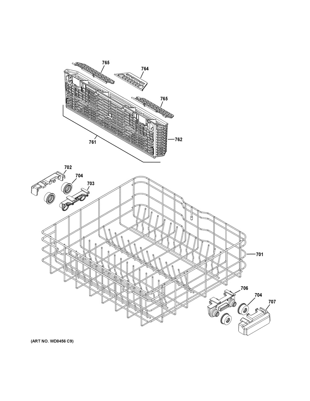 Lower Rack Assembly Diagram and Parts List for GDF510PGJ6WW  General Electric Dishwasher