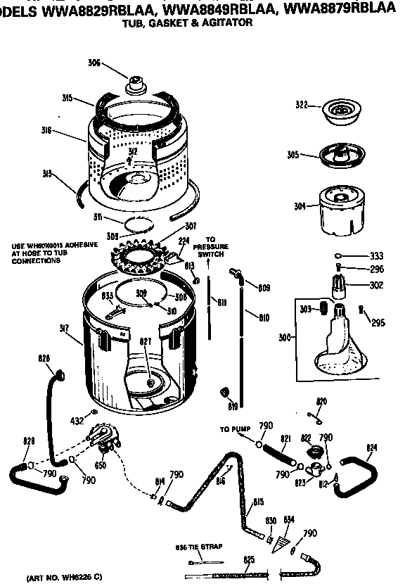 Tub, Basket And Agitator Diagram and Parts List for WWA8829RBLAA  General Electric Washer