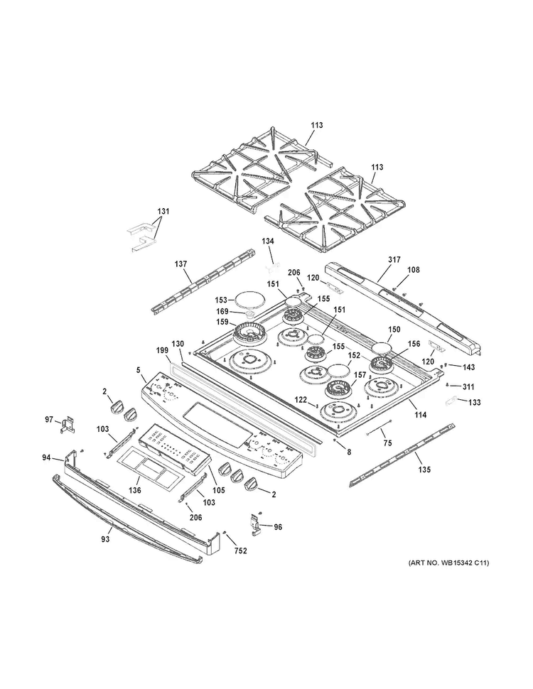 Control Panel & Cooktop Diagram and Parts List for JGS750SEF6SS  General Electric Range