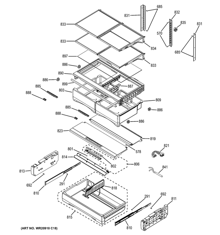 Fresh Food Shelves Diagram and Parts List for PFE28RSHFSS  General Electric Refrigerator