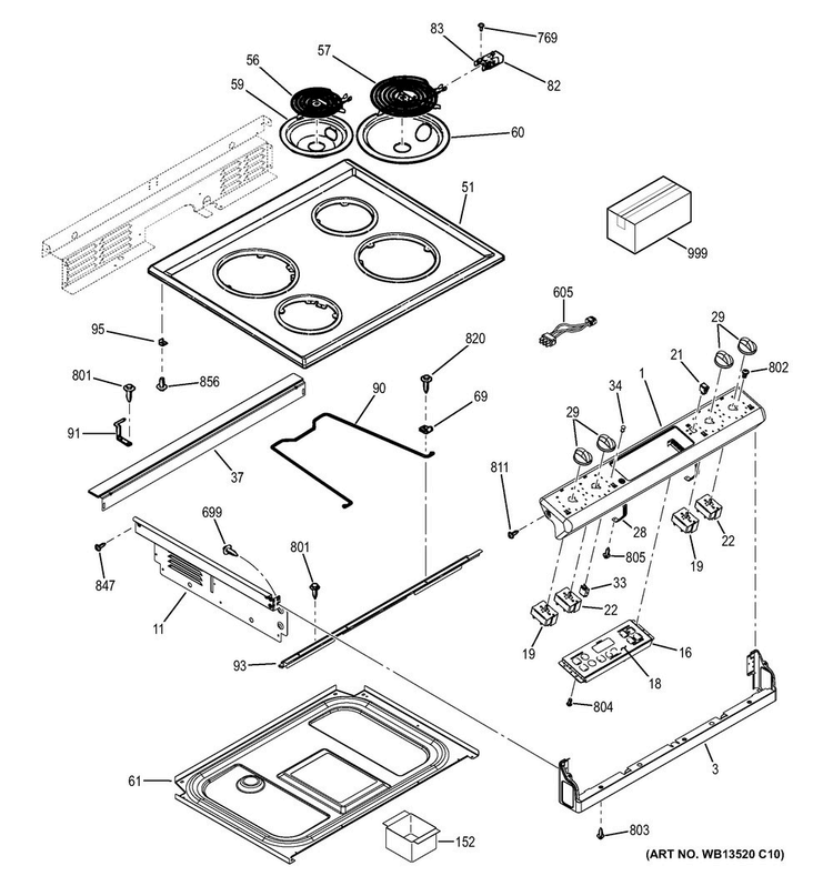 Control Panel & Cooktop Diagram and Parts List for JS250DF1CC  General Electric Range