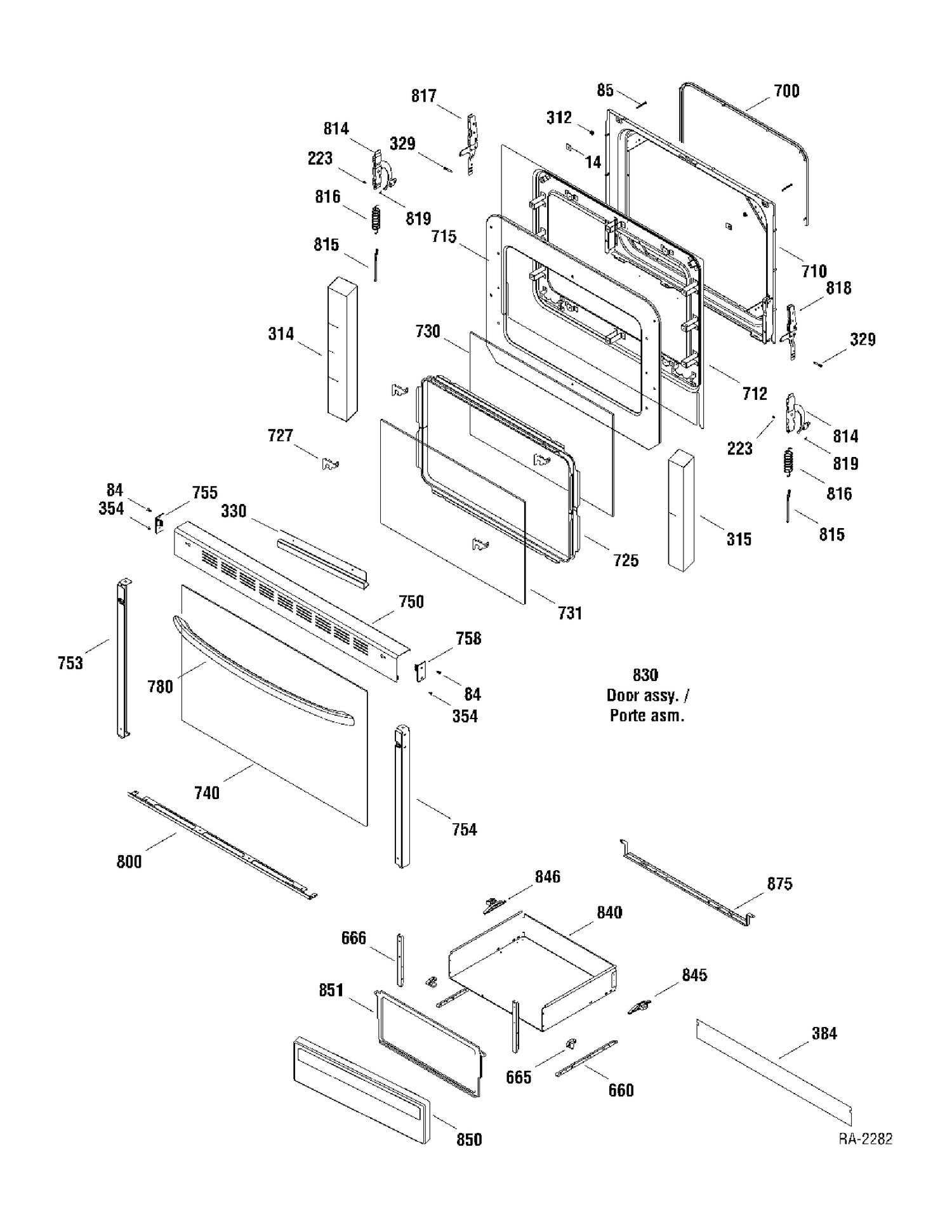 DOOR & DRAWER Diagram and Parts List for JCBP35DM1WW  General Electric Range