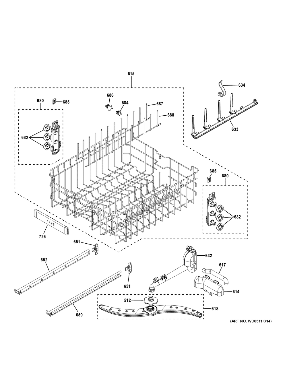 Upper Rack Assembly Diagram and Parts List for CDT828P2V3S1  General Electric Dishwasher