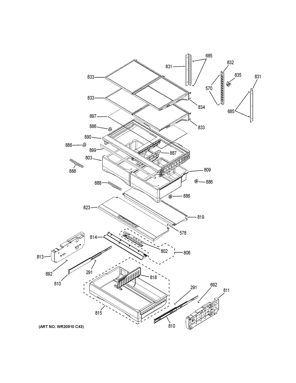 Fresh Food Shelves Diagram and Parts List for GFE28HMKJES  General Electric Refrigerator