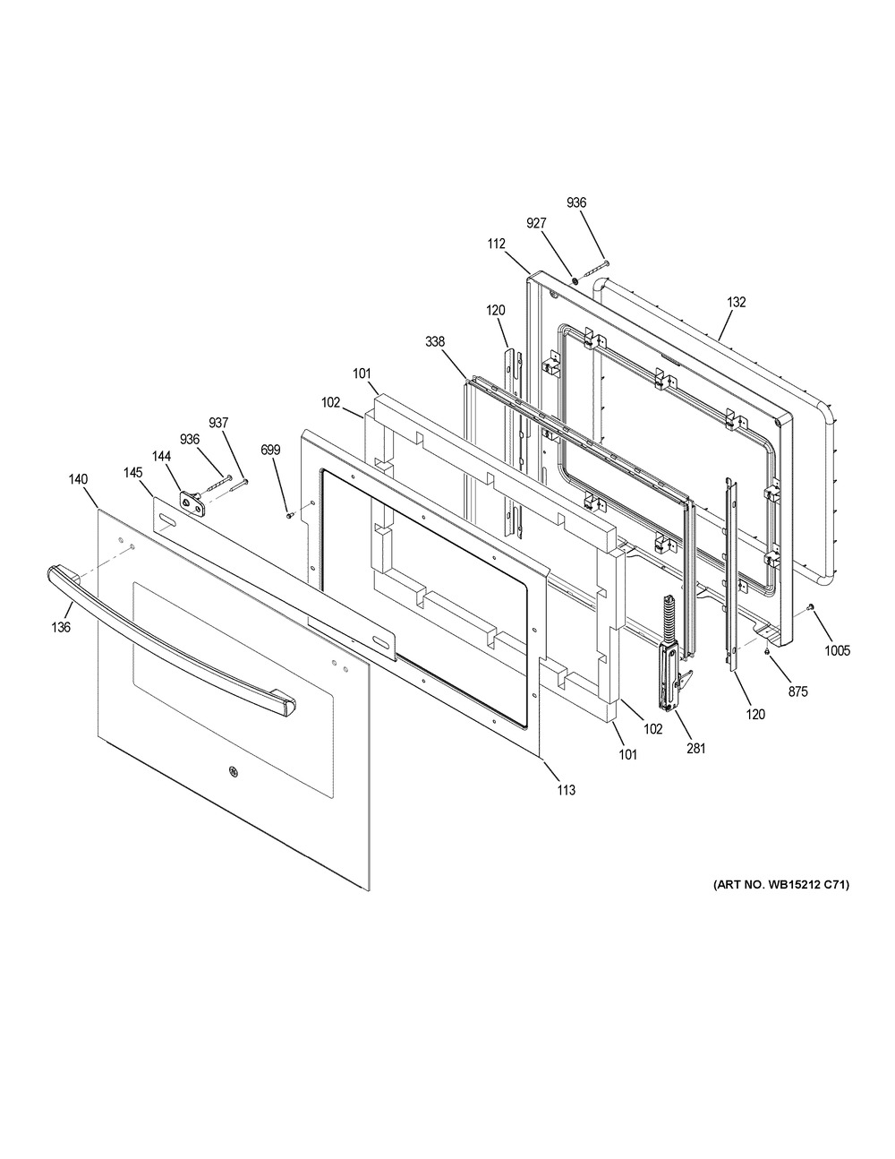 Door Diagram and Parts List for PT7050DF9WW  General Electric Wall Oven