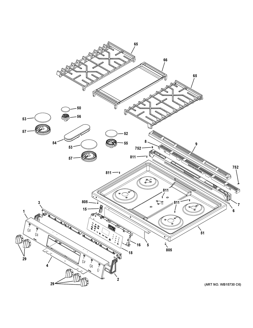 Control Panel And Cooktop Diagram and Parts List for GGS600AV1ES  General Electric Range