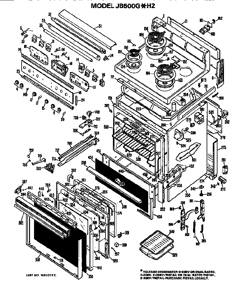Main Body/cooktop/controls Diagram and Parts List for JB500G*H2  General Electric Range