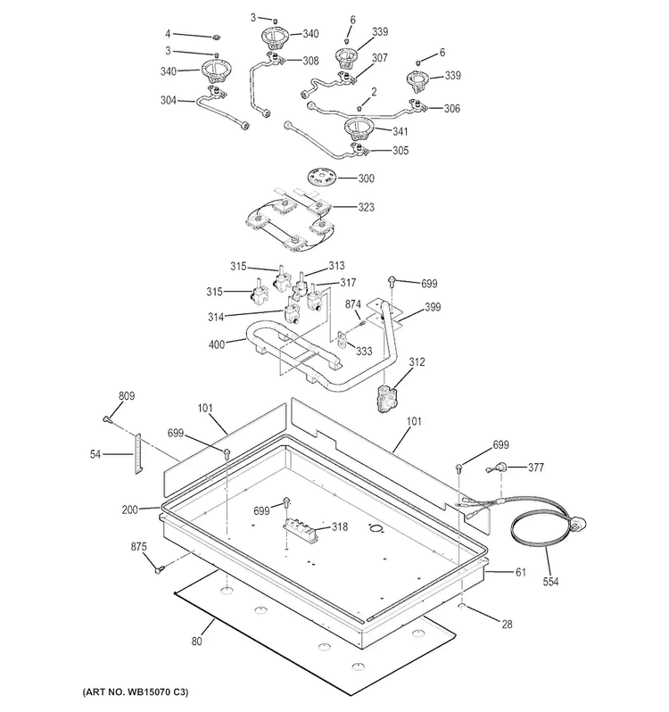 Gas & Burner Parts Diagram and Parts List for JGP633SET2SS  General Electric Cooktop