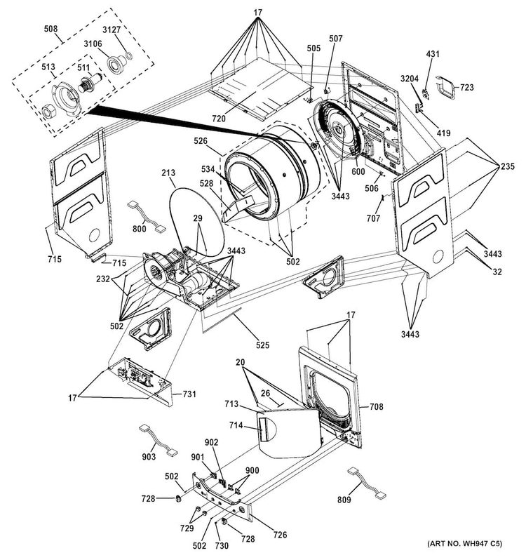 Cabinet Diagram and Parts List for GTUP240EM6WW  General Electric Washer Dryer Combo
