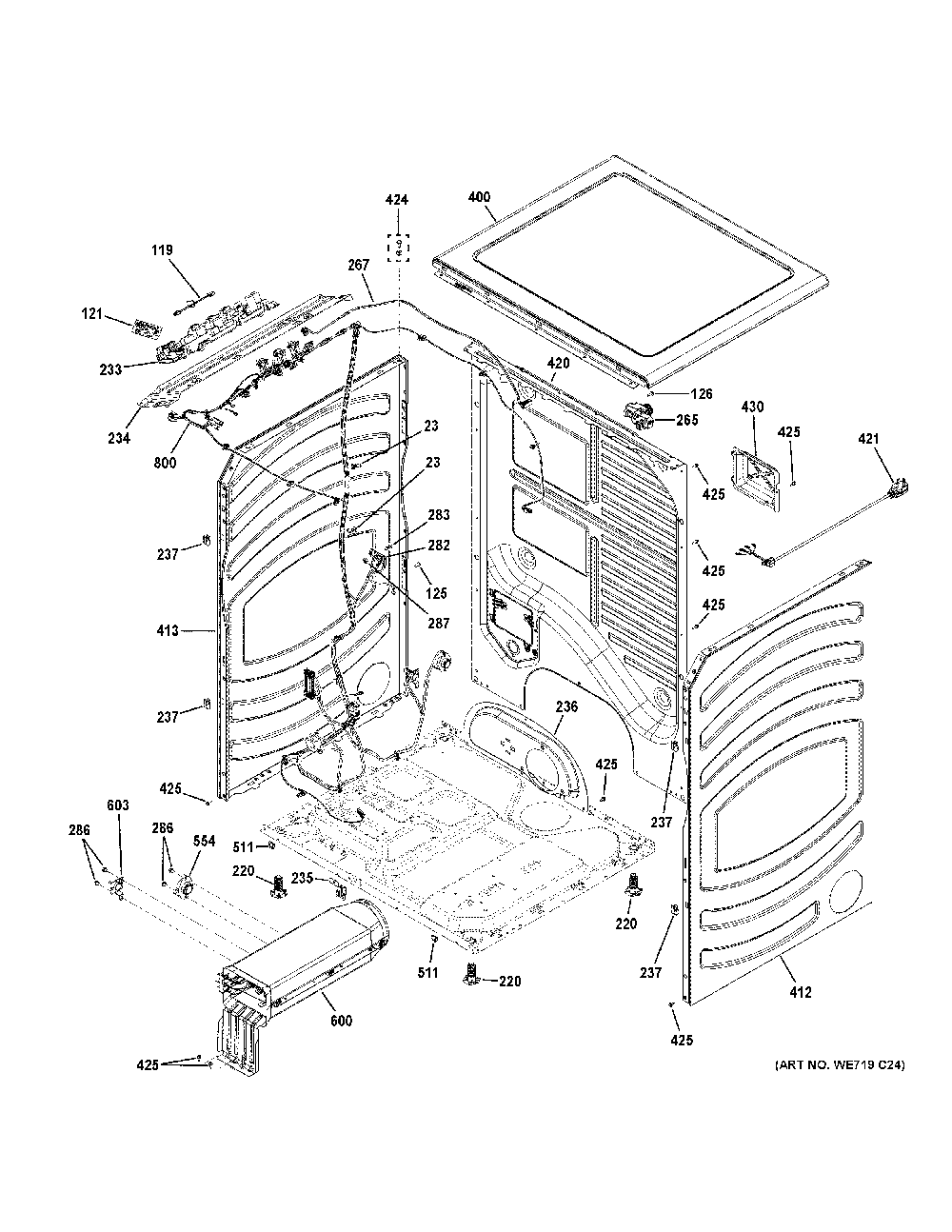 Cabinet And Top Panel Diagram and Parts List for GFD85ESMN0RS  General Electric Dryer