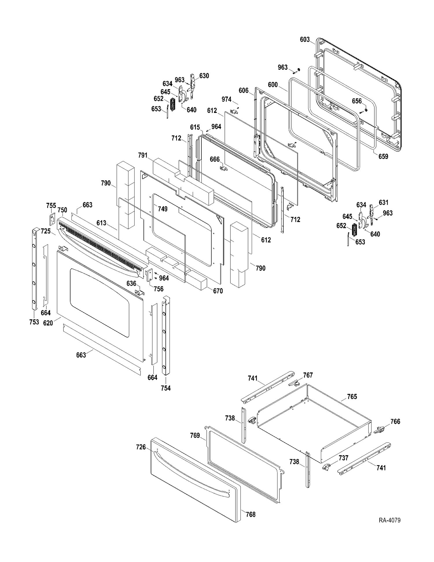 DOOR-DRAWER Diagram and Parts List for JCBP68MP3BS  General Electric Range