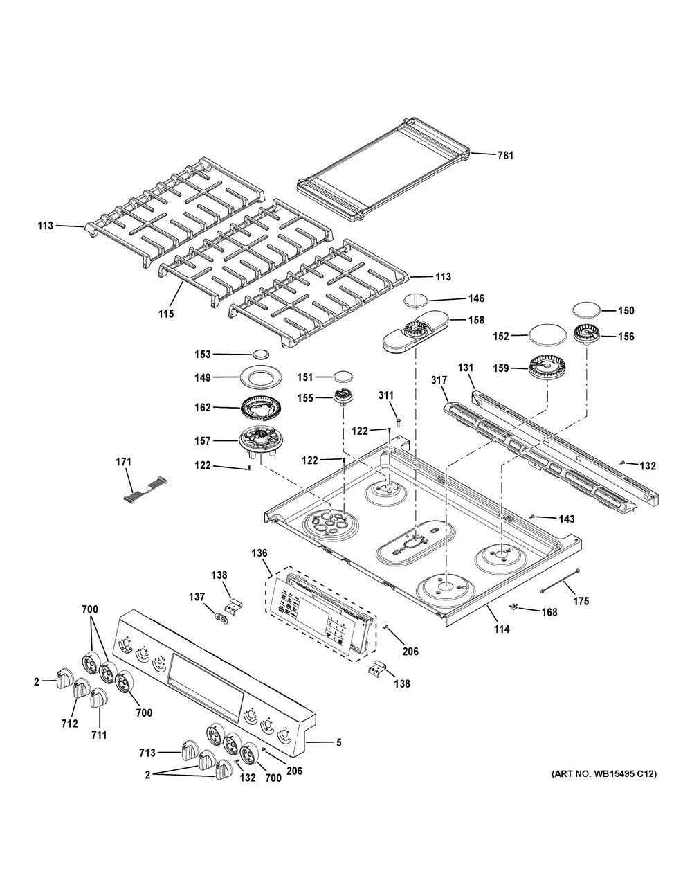 Control Panel & Cooktop Diagram and Parts List for PGS960SEL2SS  General Electric Range