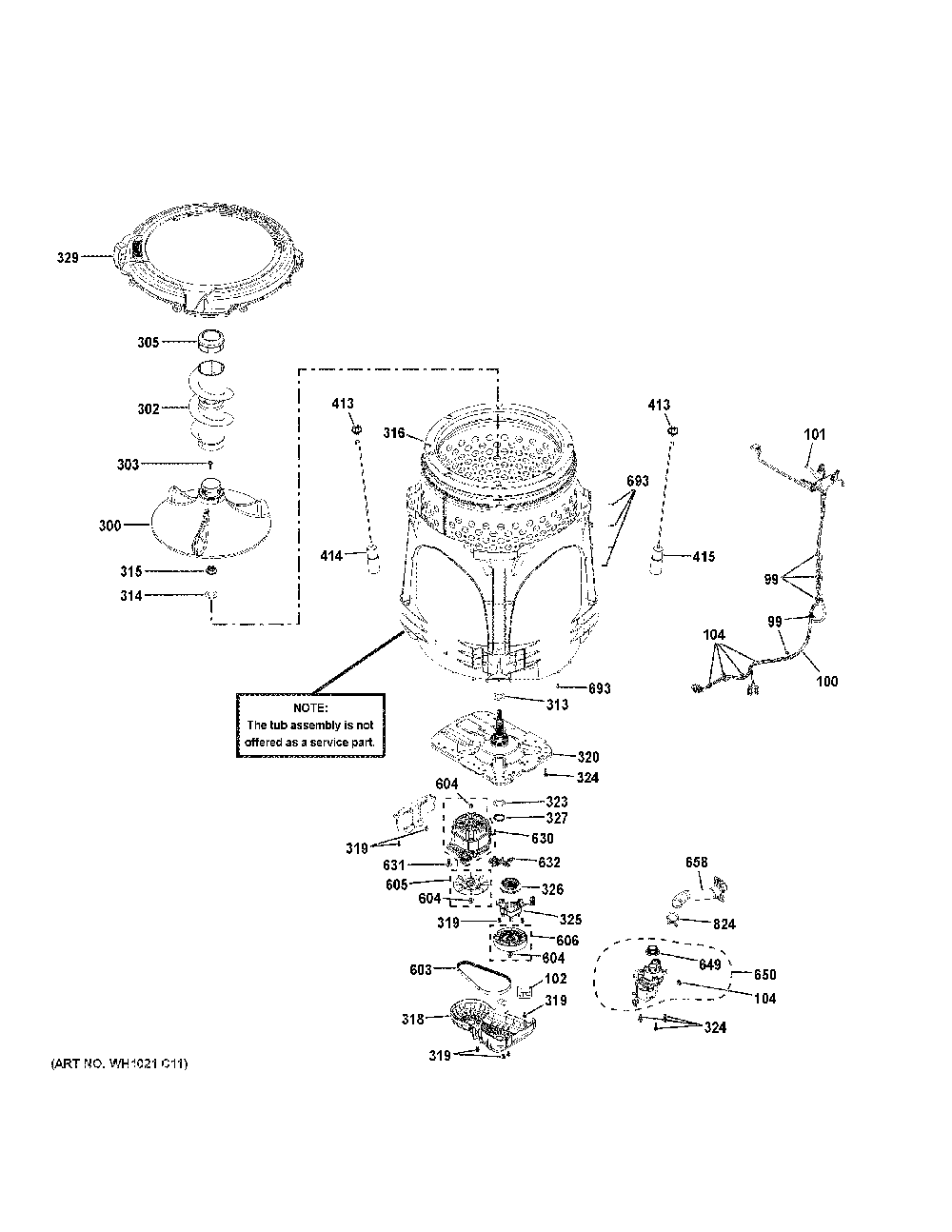 Tub And Motor Diagram and Parts List for GTW685BSL3WS  General Electric Washer