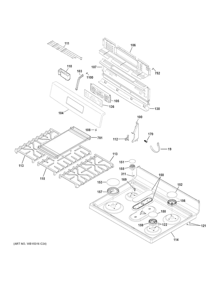 Control Panel & Cooktop Diagram and Parts List for JGBS66EEK1ES  General Electric Range
