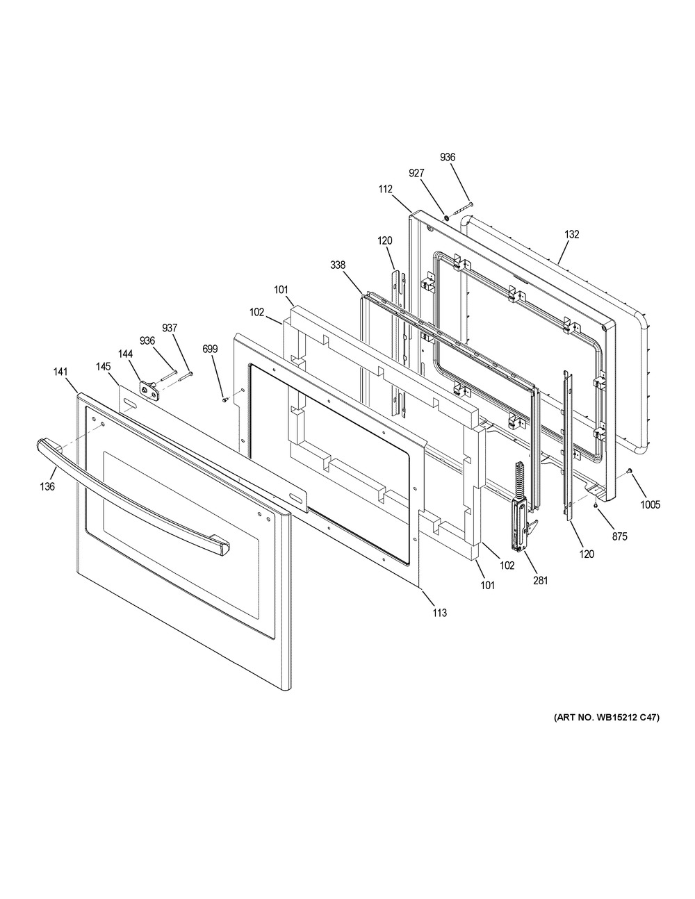Lower Door Diagram and Parts List for JK3500DF6WW  General Electric Wall Oven