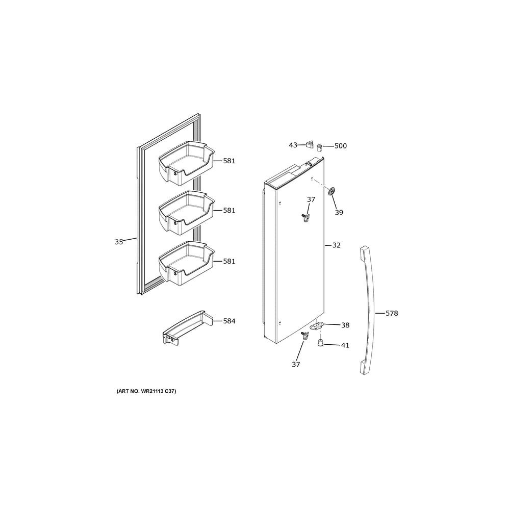 Fresh Food Door - Rh Diagram and Parts List for GFE26JYMYFFS  General Electric Refrigerator