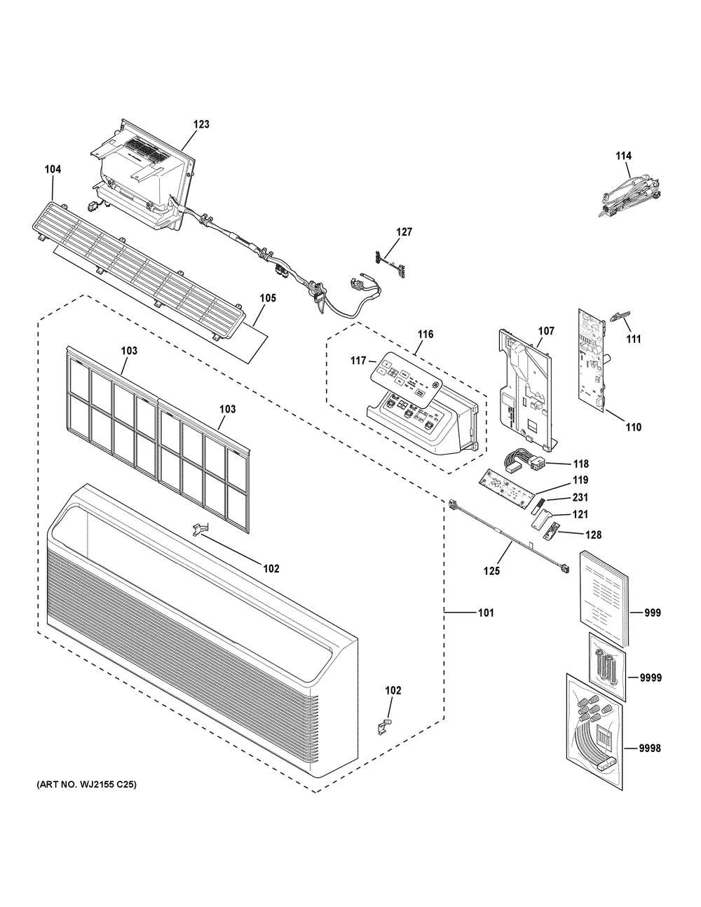 Grille And Control Parts Diagram and Parts List for AZVS15DCXWAK1  General Electric Air Conditioner