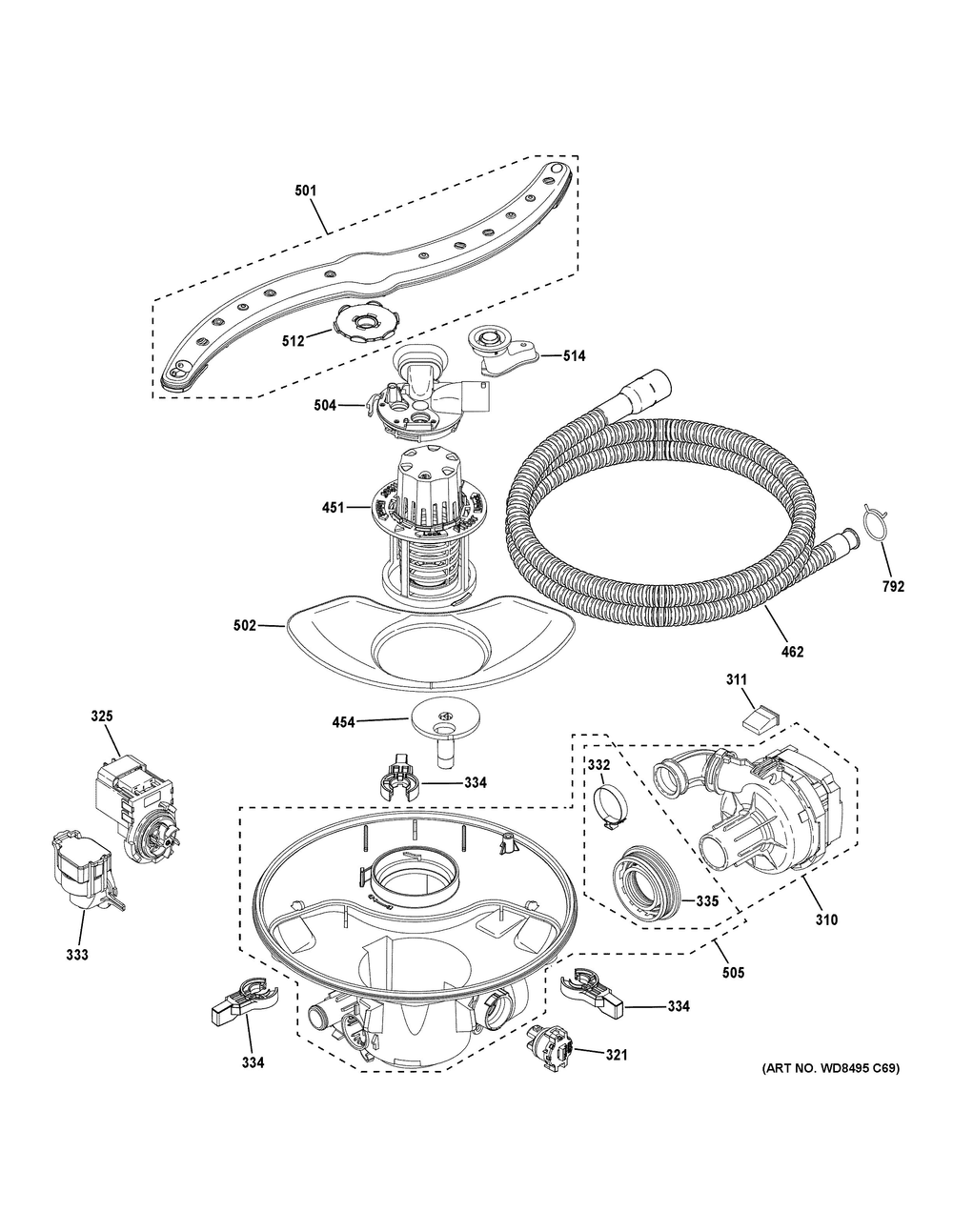 Motor, Sump And Filter Assembly Diagram and Parts List for GDP670SYV3FS  General Electric Dishwasher