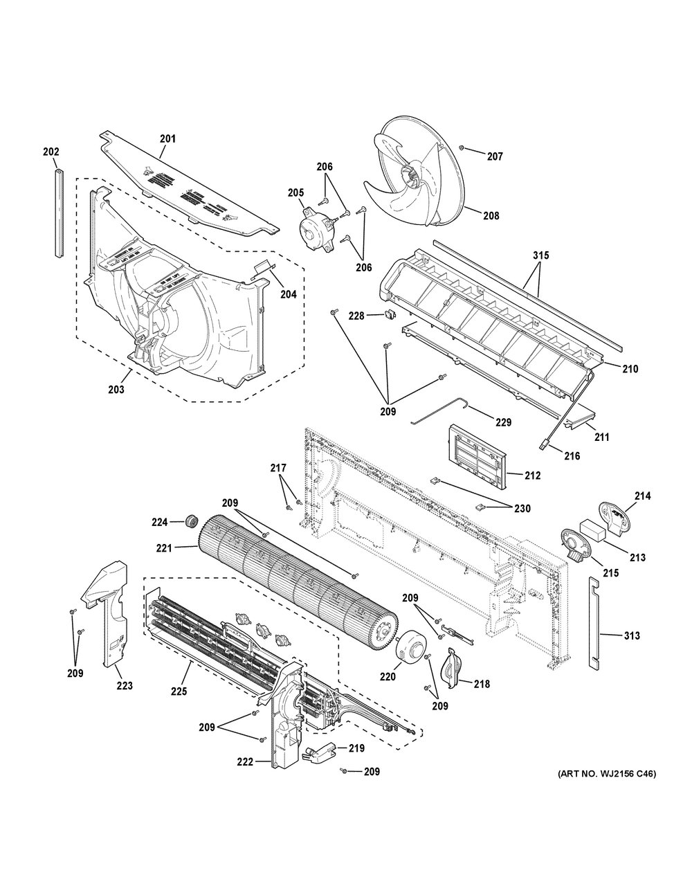 Motor And Chassis Parts Diagram and Parts List for AZVS15EMXWAK1  General Electric Air Conditioner