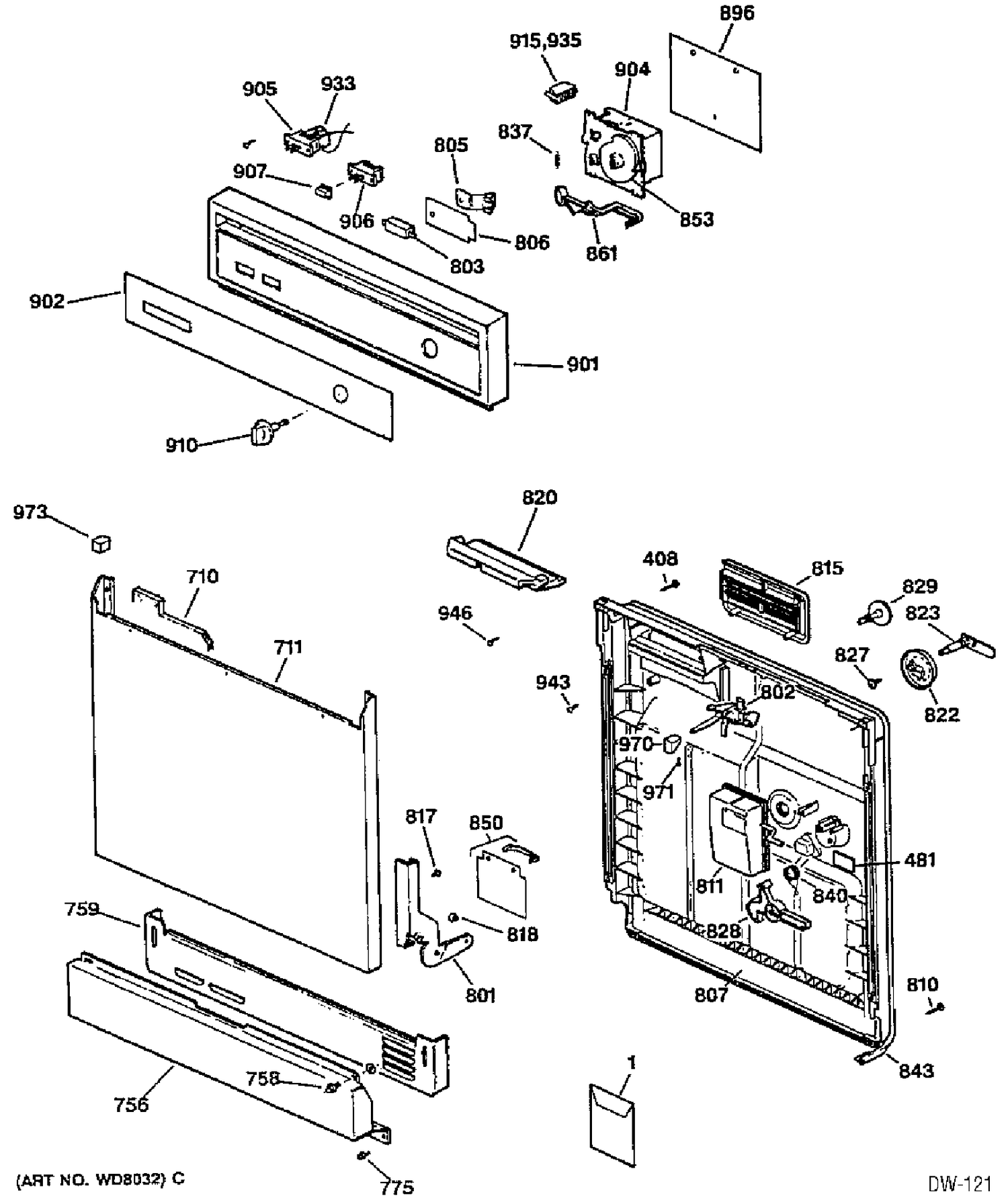 DOOR & ESCUTCHEON PARTS Diagram and Parts List for 42290119  General Electric Dishwasher