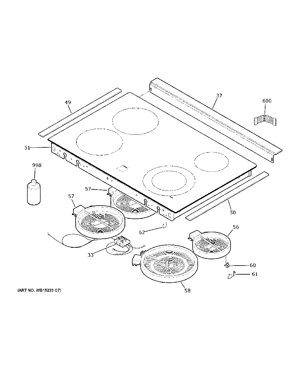 Cooktop Diagram and Parts List for JD630DFAWW  General Electric Range