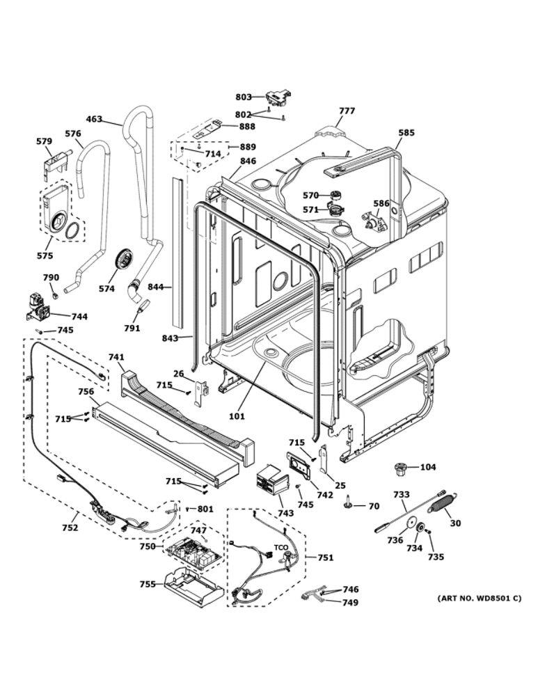 Body Parts Diagram and Parts List for GDT645SGN0BB  General Electric Dishwasher
