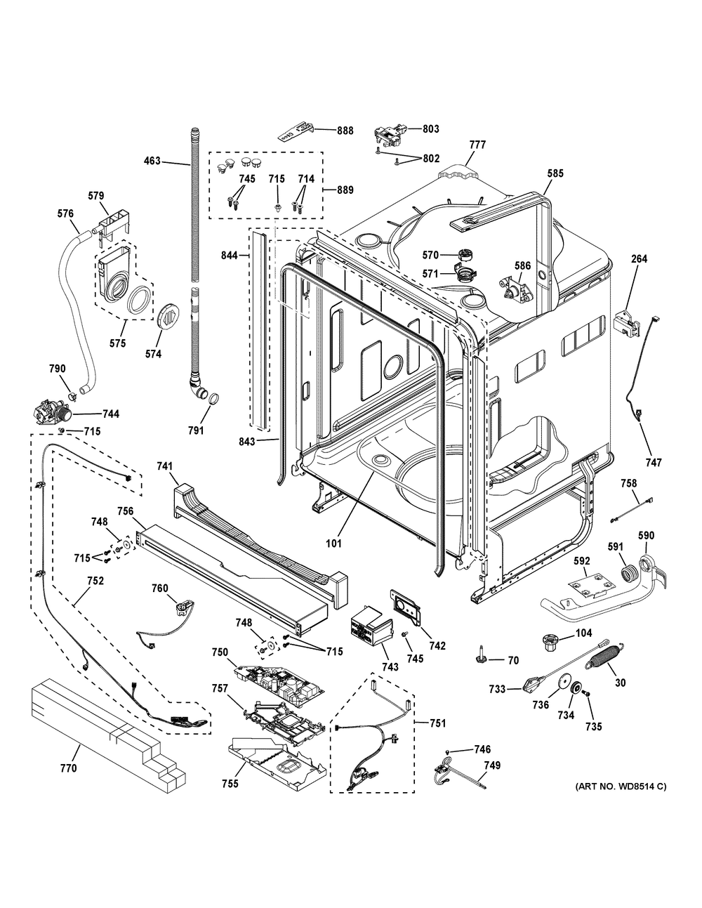Body Parts (1) Diagram and Parts List for PDP755SYRBFS  General Electric Dishwasher
