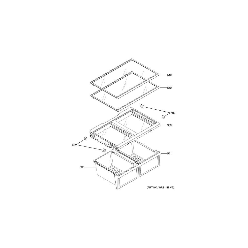 Fresh Food Shelves Diagram and Parts List for GBE21DYKJRFS  General Electric Refrigerator
