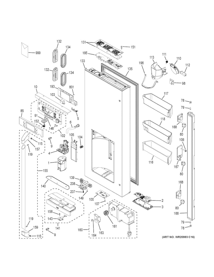 Dispenser Door Diagram and Parts List for CYE22USHESS  General Electric Refrigerator